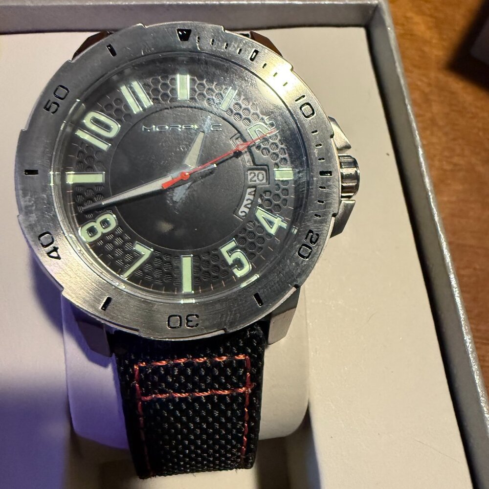 Morphic M70 Series Canvas-Overlaid Leather-Band Watch w/Date